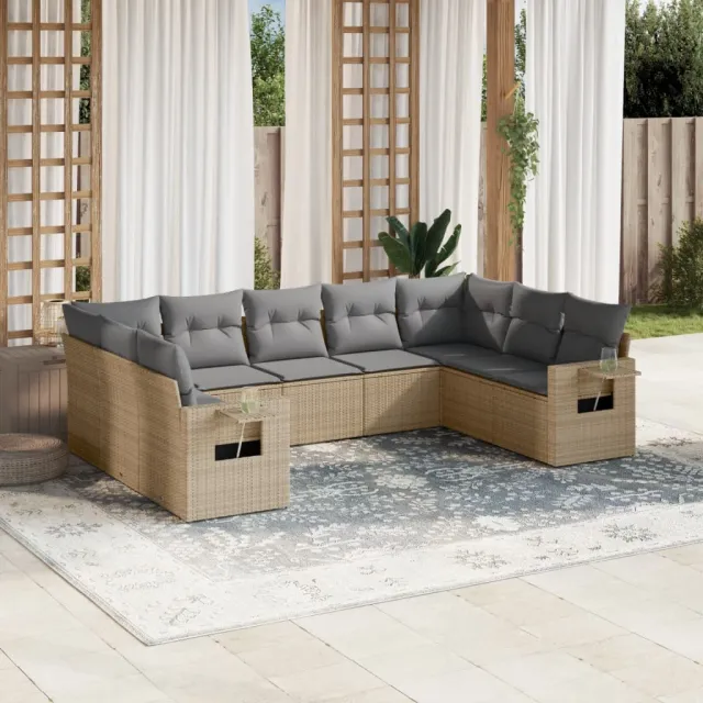 vidaXL 9-delige Loungeset met kussens poly rattan beige, foto 2