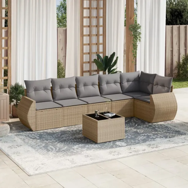 vidaXL 7-delige Loungeset met kussens poly rattan beige, foto 2