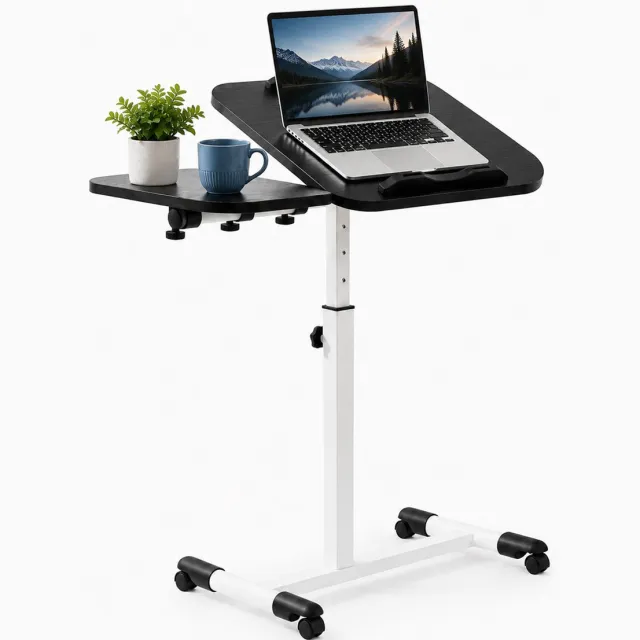 AIMASON Laptoptafel op Wielen - Verstelbare Hoogte en Kantelbaar Werkblad - Mobiele Bijzettafel voor Bed, Bank en Thuiswerken - met Zijtafel - Zwart