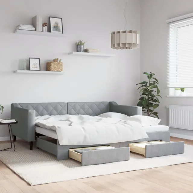 vidaXL Slaapbank met onderschuifbed en lades 90x190 cm stof lichtgrijs grijs