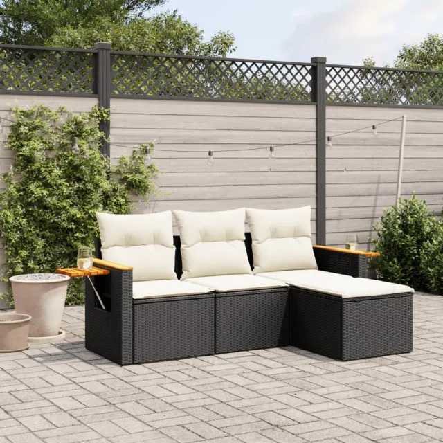 vidaXL 4-delige Loungeset met kussens poly rattan zwart, foto 2