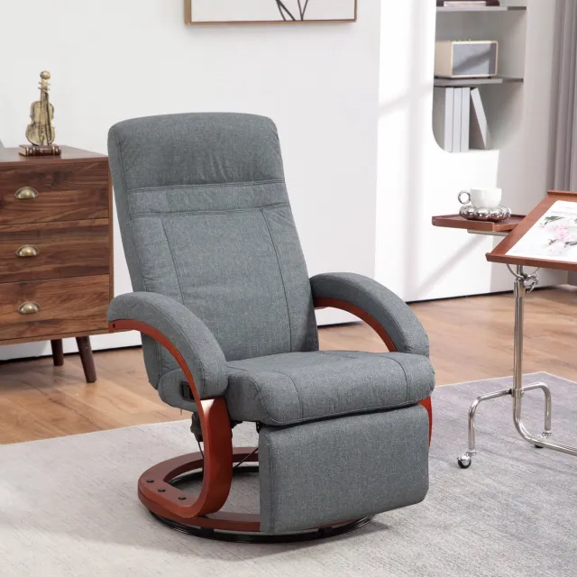 OKWISH Relaxfauteuil met 135° Verstelbare Rugleuning en Voetsteun – Draaibare Televisiefauteuil voor Woonkamer – Hout – Grijs