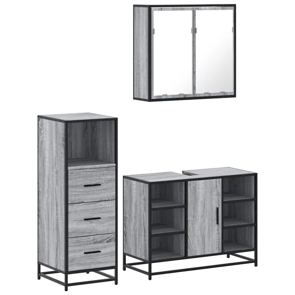 vidaXL 3-delige Badkamermeubelset bewerkt hout grijs sonoma eikenkleur, foto 3