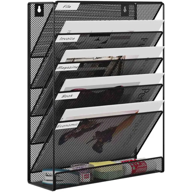 RUPINUS Metalen Wand Dossierhouder Met 6 Lagen en Gaasstructuur, Hangmap-en Tijdschriftenrek Voor op Kantoor, Bureau-Organizer Voor Schrijfwaren. Zwart