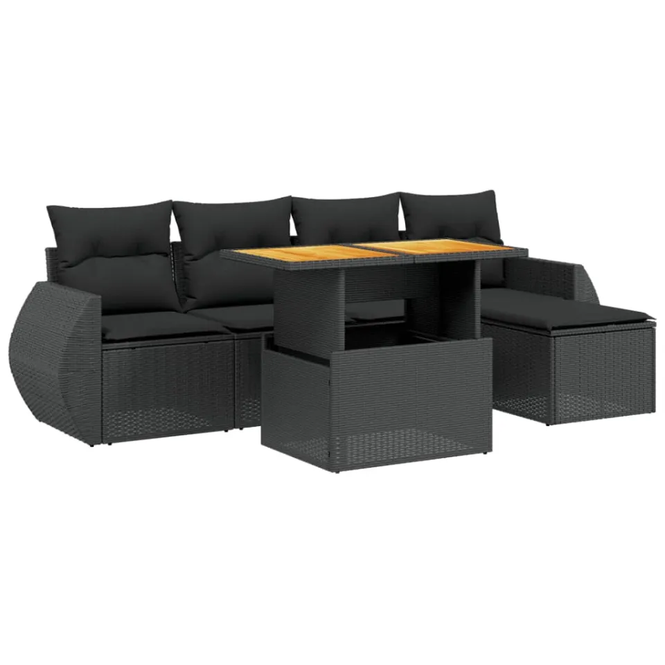 vidaXL 6-delige Loungeset met kussens poly rattan zwart, foto 3