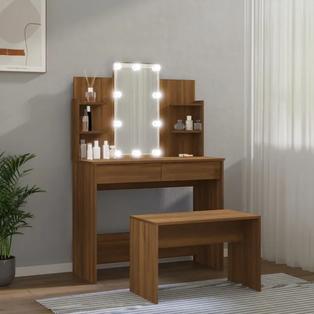 GranMaison Kaptafel met spiegel en verlichting - Make up tafel - Make up - Toilettafel -Met lades - Bankje - 96 x 40 x 142 cm - Bruineiken