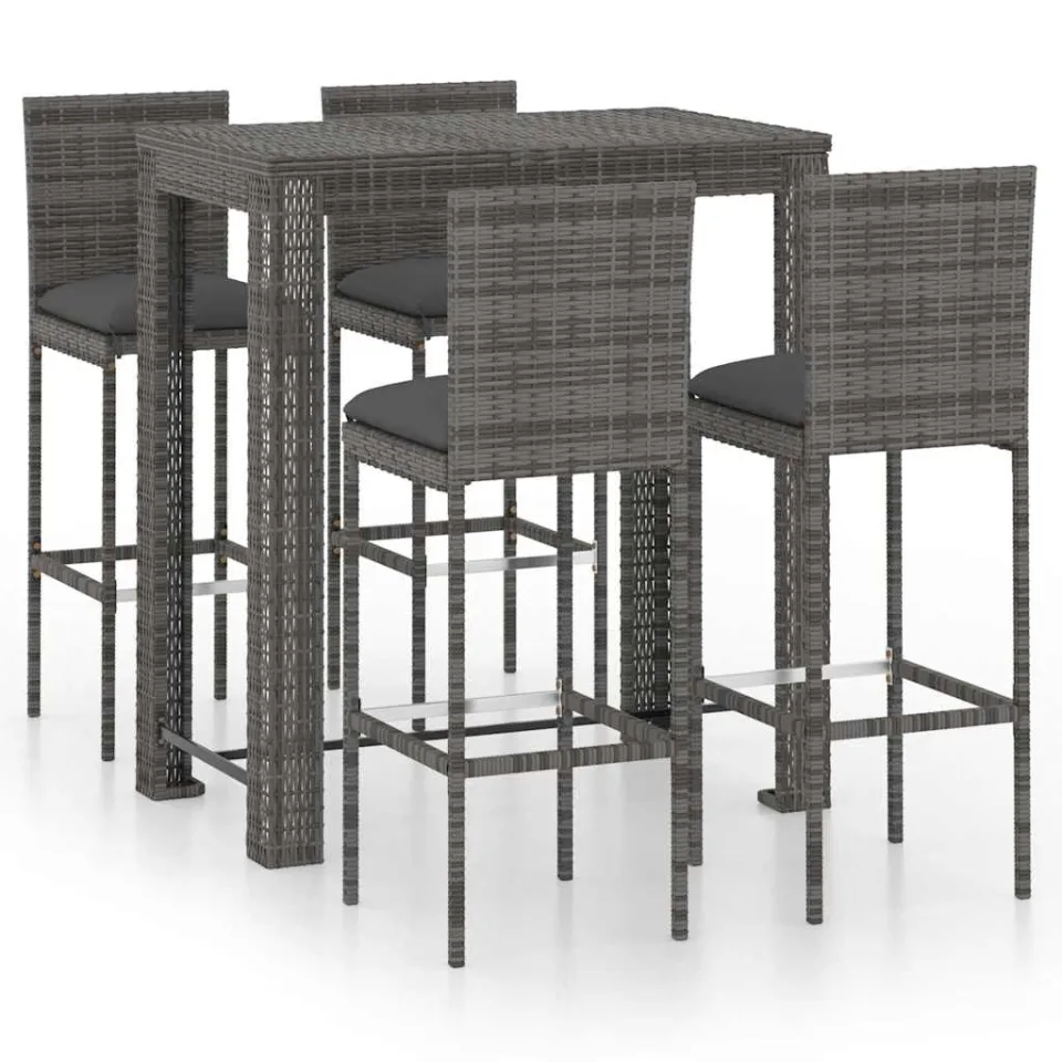 vidaXL 5-delige Tuinbarset met kussens poly rattan grijs, foto 3