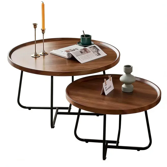 MakkelijkMooi Set Bijzettafel - Salontafel Rond - Vintage Mid-Century Design - Verhoogde Rand - 2 Hoogtes - Voor Woonkamer & Balkon Walnoot Bruin & Zwart