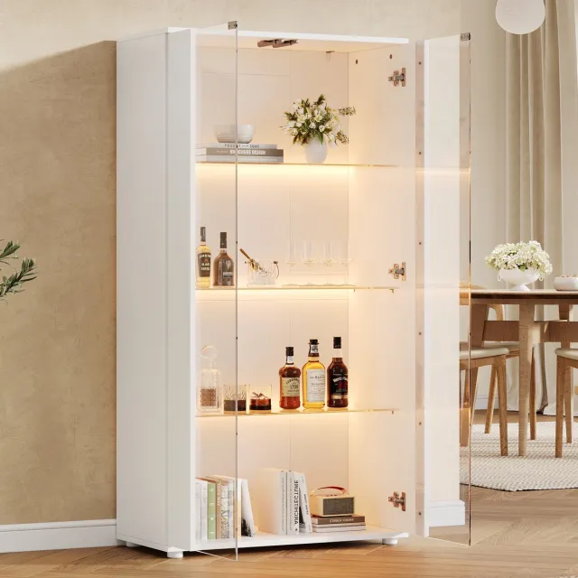 REDOM Vitrinekast - 2 glazen deuren - 4 planken - Verstelbare LED-verlichting - Modern design - Woonkamer - Spaanplaat en glas - Wit - 80 x 36 x 150,5 cm