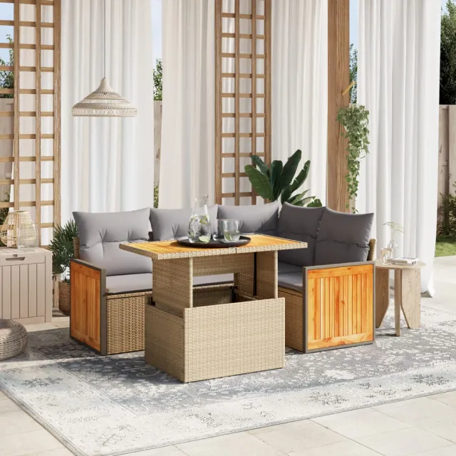 vidaXL 5-delige Loungeset met kussens poly rattan beige