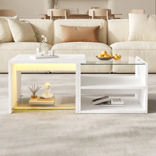DESMIU Salontafel - Getrapt Ontwerp Met App-Gestuurde Ledverlichting - Voor Woonkamer - Spaanplaat En Glas - 100x50x38 Cm - Wit