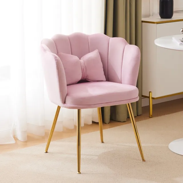 Zubaliya Moderne Fauteuil in Fluweel Voor de Woonkamer, Comfortabele, Gestoffeerde, Decoratieve Stoel met Bloembladvormige Rugleuning en Verguld Metalen Poten en Vlinderkussens voor de Slaap-/Eetkamer,Roze