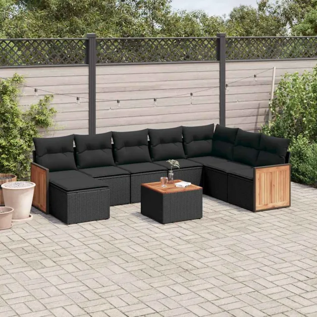 vidaXL 9-delige Loungeset met kussens poly rattan zwart, foto 2