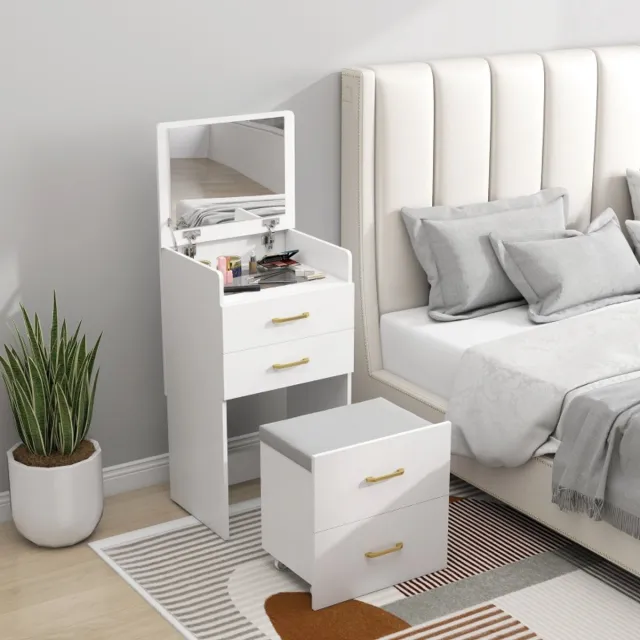 STILVORA Kaptafel - 3-In-1 Met Spiegel, Laden En Hocker Op Wielen - Voor Slaapkamer - Hout - 48x40x90 Cm - Wit