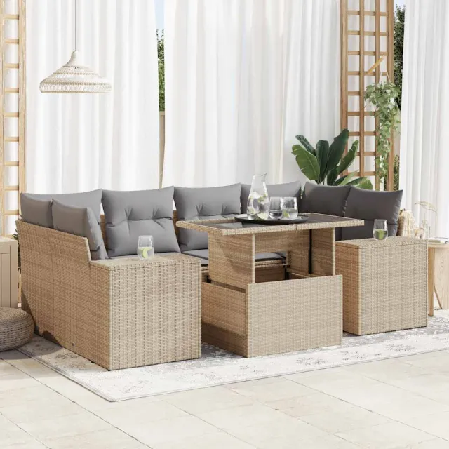 vidaXL 7-delige Loungeset met kussens poly rattan beige, foto 2