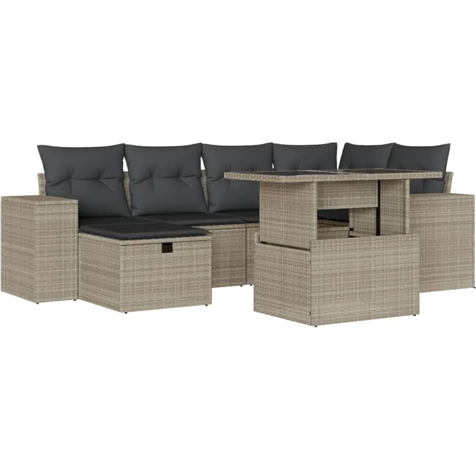 vidaXL 7-delige Loungeset met kussens poly rattan lichtgrijs grijs, foto 3