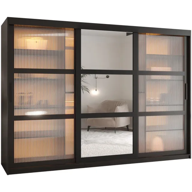 AJE Meubles B.V. Zweefdeurkast Kledingkast met 3 schuifdeuren glanzen slaapkamerkast Kledingstang met planken Garderobekast met geribbeld glas - ARTON 2 (250 cm, Zwart)