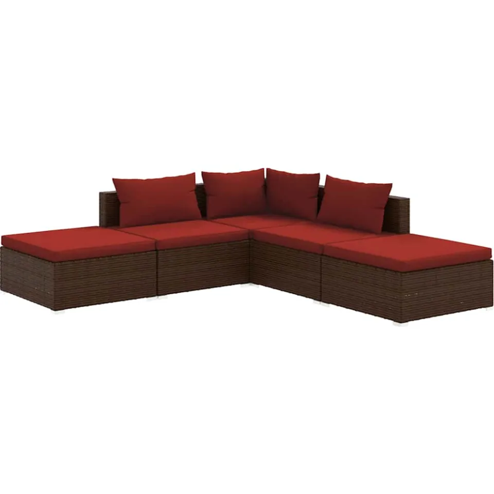 vidaXL 5-delige Loungeset met kussens poly rattan bruin, foto 3