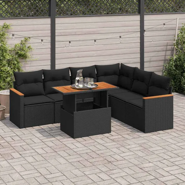 vidaXL 7-delige Loungeset met kussens poly rattan acacia zwart, foto 2