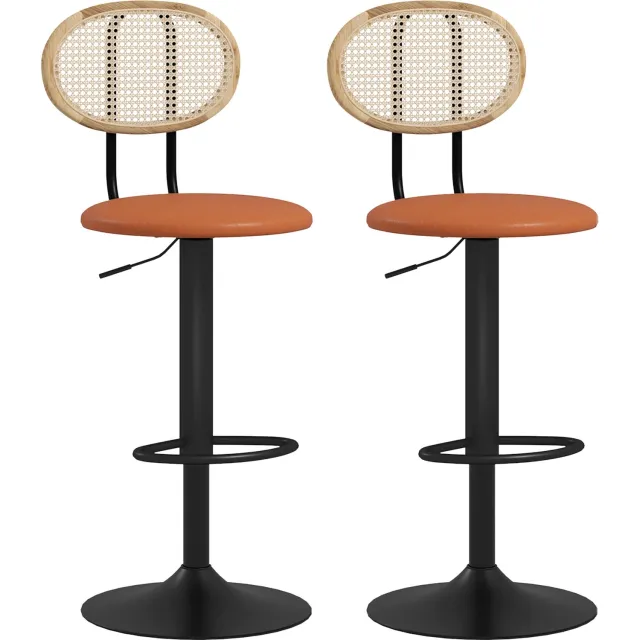 Lunpog Set van 2 barkrukken, barstoelen, in hoogte verstelbaar, rugleuning en voetsteun van rotan, moderne hoge kruk, houtstructuur, synthetische coating, bruin