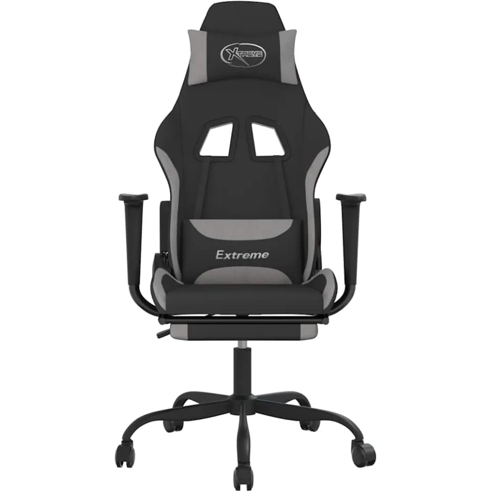 vidaXL Massage gamestoel met voetensteun stof zwart en lichtgrijs
