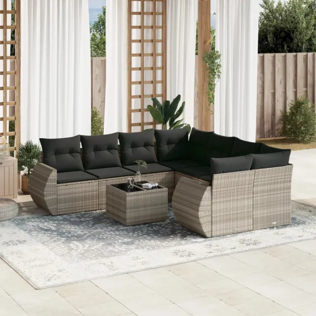 vidaXL 9-delige Loungeset met kussens poly rattan lichtgrijs grijs, foto 2