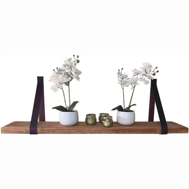 MeubelZwagerij Wandplank Steigerhout 40 cm met Zwarte leren Riemen Meubelzwagerij