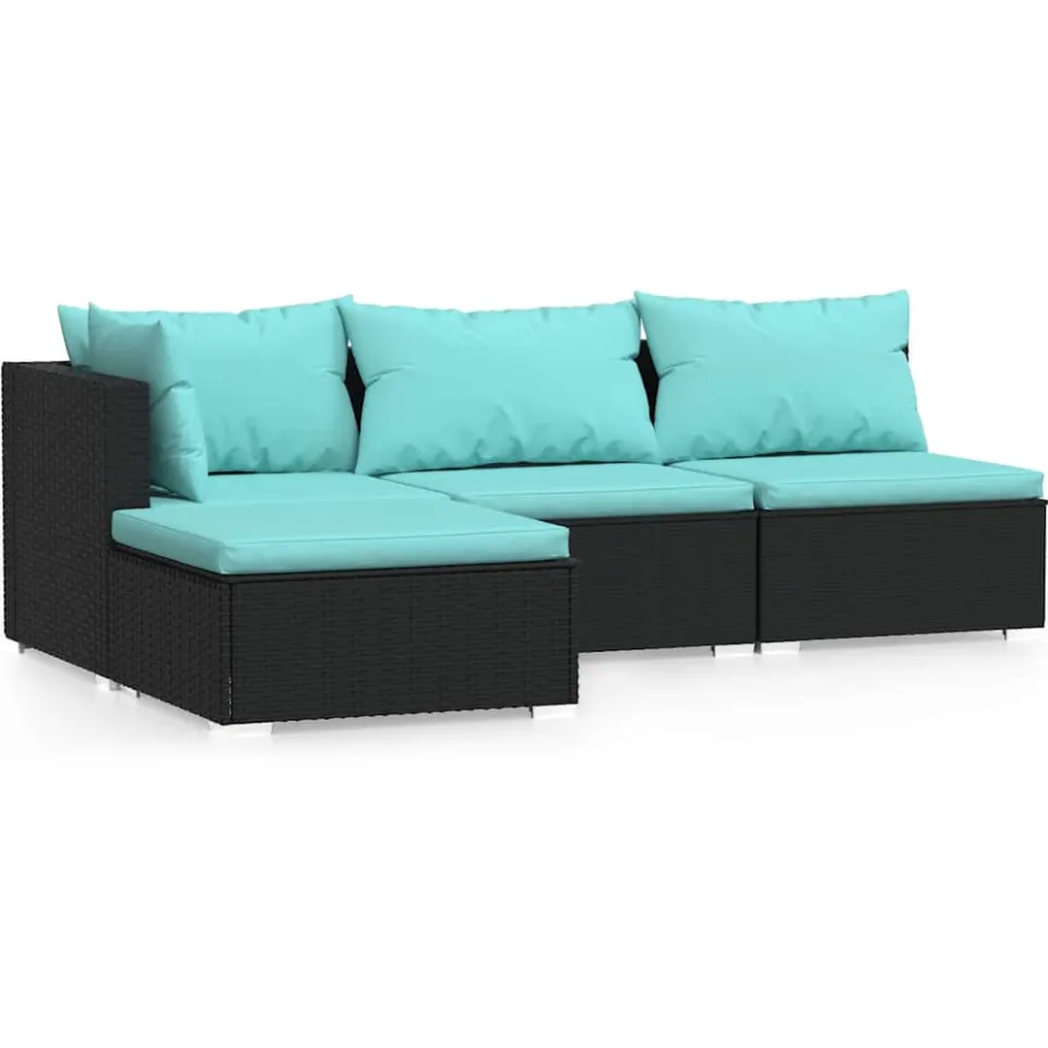 vidaXL 4-delige Loungeset met kussens poly rattan zwart, foto 3