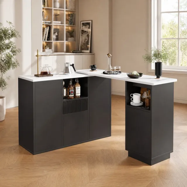 Maisentiel Draaibare bartafel met opbergruimte - 210 x 30 x 100,9 cm - zwart - marmerlook