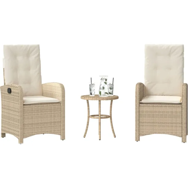 vidaXL 3-delige Bistroset met kussens poly rattan beige