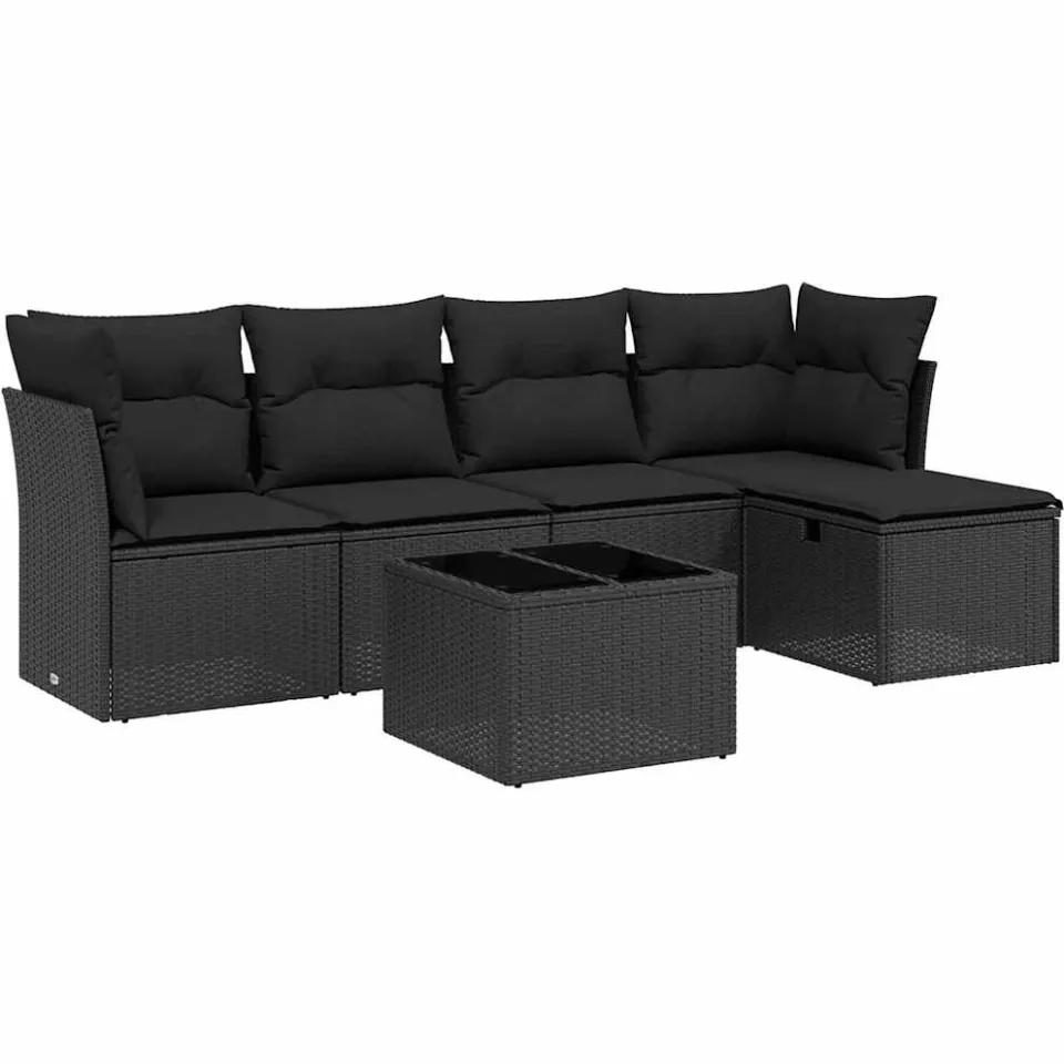 vidaXL 6-delige Loungeset met kussens poly rattan zwart