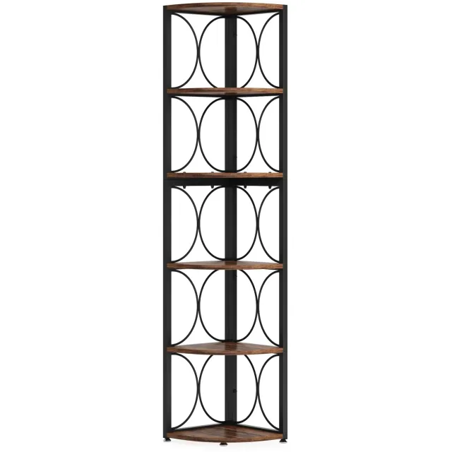 MokoHub Rustieke Hoek Boekenplank - 6-Tier - Hoge Hoekplank - Opbergrek Staande Planken - 32x32x170 cm - Zwart/Bruin