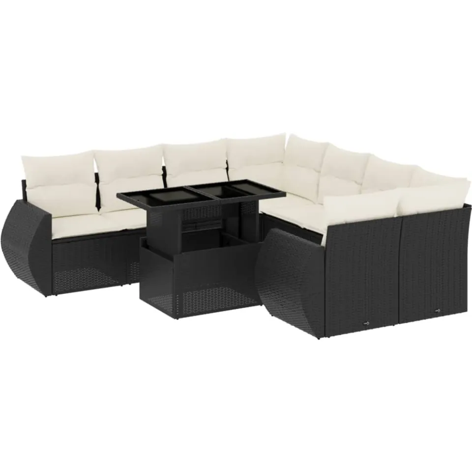 vidaXL 9-delige Loungeset met kussens poly rattan zwart, foto 3