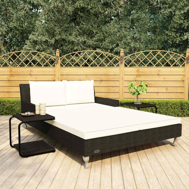 vidaXL Ligbed met kussens 2-persoons poly rattan zwart, foto 2