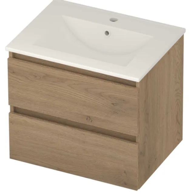 Basic-Line Coach 46 Badmeubelset Porselein 1 Kraangat Greeploos 60x46x54 cm Pure Oak Glans Wit