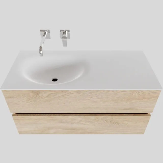 Boss & Wessing Badkamermeubel Solid Surface BWS Stockholm 100x46 cm Links Wood Washed Oak (0 kraangaten) Houtlook