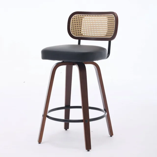 Merax Set Van 2 Draaibare Barkrukken Met Rotan Rugleuning En Gewatteerde Zitting – Houten Barkrukken Voor Keukeneiland En Bartafel – Walnootkleur Met Zwart – 56 × 43 × 90 Cm