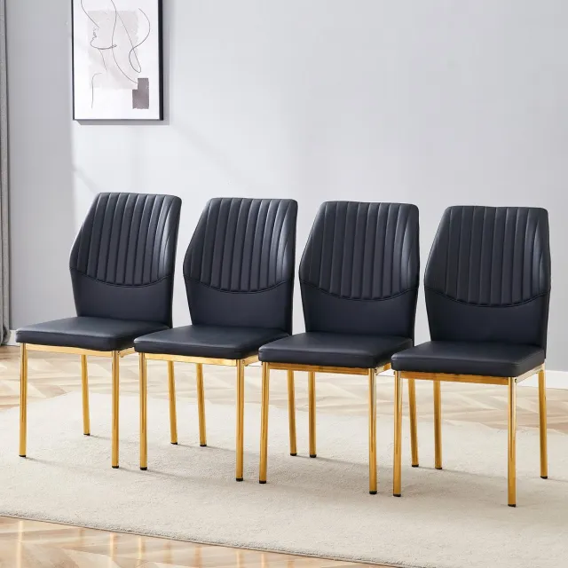 DESMIU Eetkamerstoel Set van 4 - Zwart Goud - Met Gestreepte Rugleuning En Gewatteerde Zitting - Voor Eetkamer En Woonkamer - Metaal En Kunstleer Black