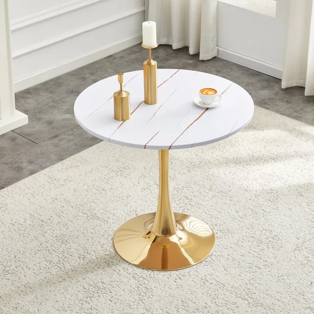 MIVRAY Eettafel - Ronde Tafel In Tulpendesign Met Metalen Onderstel - Voor Keuken En Woonkamer - Hout En Metaal - 80x80x76 Cm - Wit