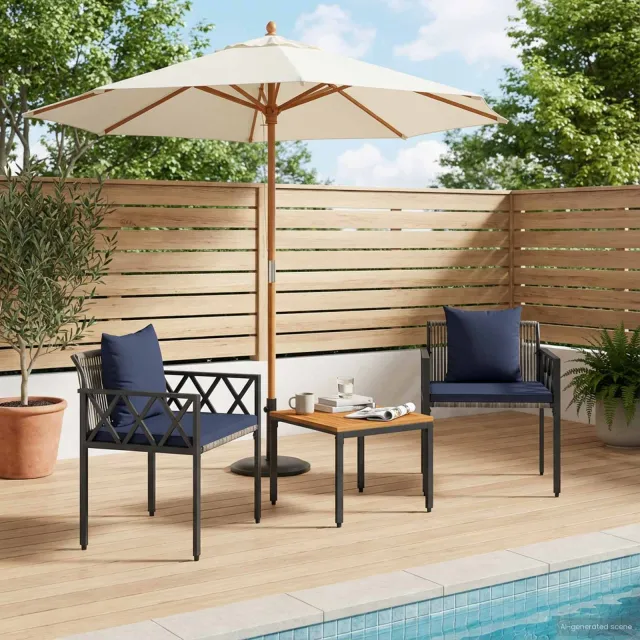 vidaXL tuinmeubelset 3 st Grijs en Marineblauw poly rattan, foto 2