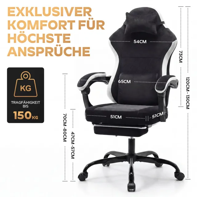 DESMIU Gamingstoel 65 cm Breed - Verstelbare Zithoogte en Kantelbare Rugleuning - Voor Werkplek en Spelruimte - Stof - Zwart en Wit