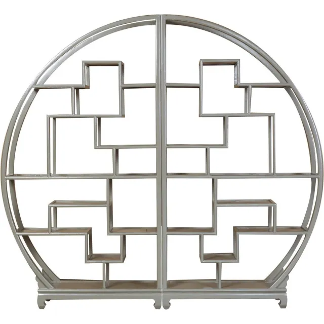 Fine Asianliving Chinese Boekenkast Ronde Display Open Kast Olijfgrijs B192xD26xH176cm Chinese Meubels Oosterse Kast Groen, Grijs