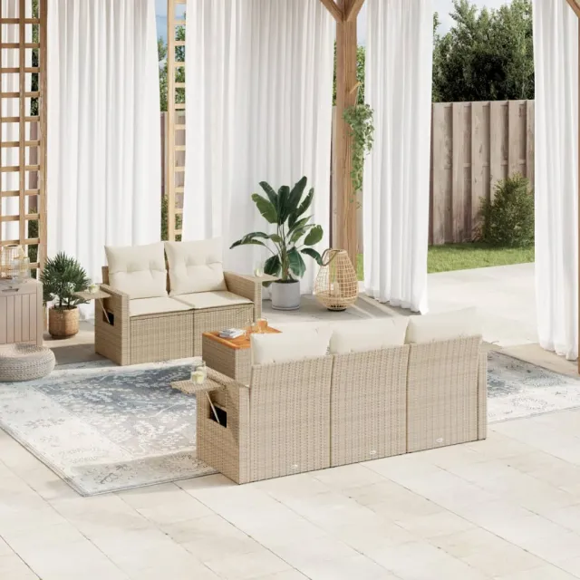 vidaXL 6-delige Loungeset met kussens poly rattan beige