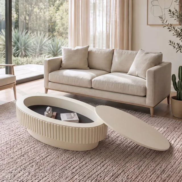 REDOM Salontafel - Verborgen opbergruimte - Ovaal fluted design met afneembaar deksel - Modern - Woonkamer of slaapkamer - MDF en houtfineer - Crème - 98 x 60 x 35 cm