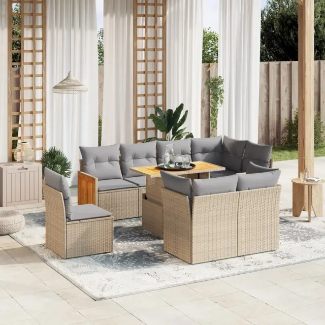 vidaXL 9-delige Loungeset met kussens poly rattan beige, foto 2