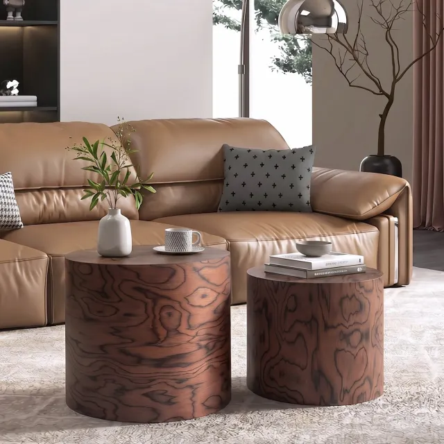 FloraGrace Salontafelset - Twee Ronde Inschuifbare Tafels - Voor Woonkamer En Slaapkamer - MDF Met Houtnerf - 48 x 48 x 38 Cm - Donkerbruin