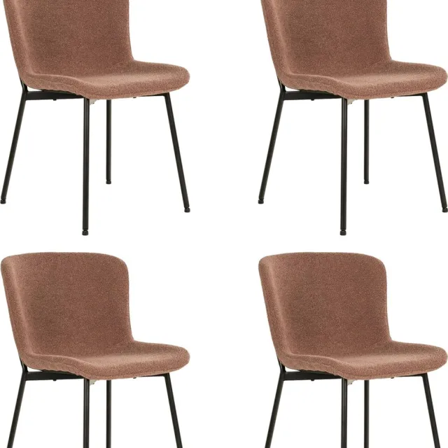 QUVIO Eetkamerstoel Lucy – Eetkamerstoelen - Bouclé - Staal - Bruin - Roestbruin - Set van 4