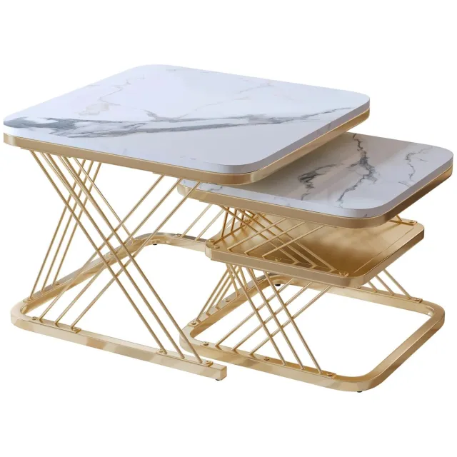 Archi Set van 2 Salontafels – Bijzettafel - Wit Marmerlook Tafelblad – Gouden Metalen Frame – Modern Luxe Design Wit/goud
