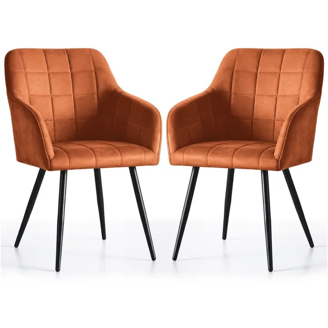 Akord Set van 2 Eetkamerstoelen LUXANO met Armleuningen / Gestoffeerde Stoelen / Fluwelen Stoelen en Metalen Poten / Koperkleur met zwarte benen