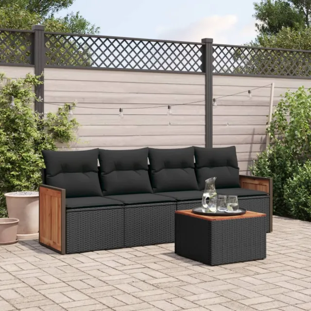 vidaXL 5-delige Loungeset met kussens poly rattan zwart, foto 2